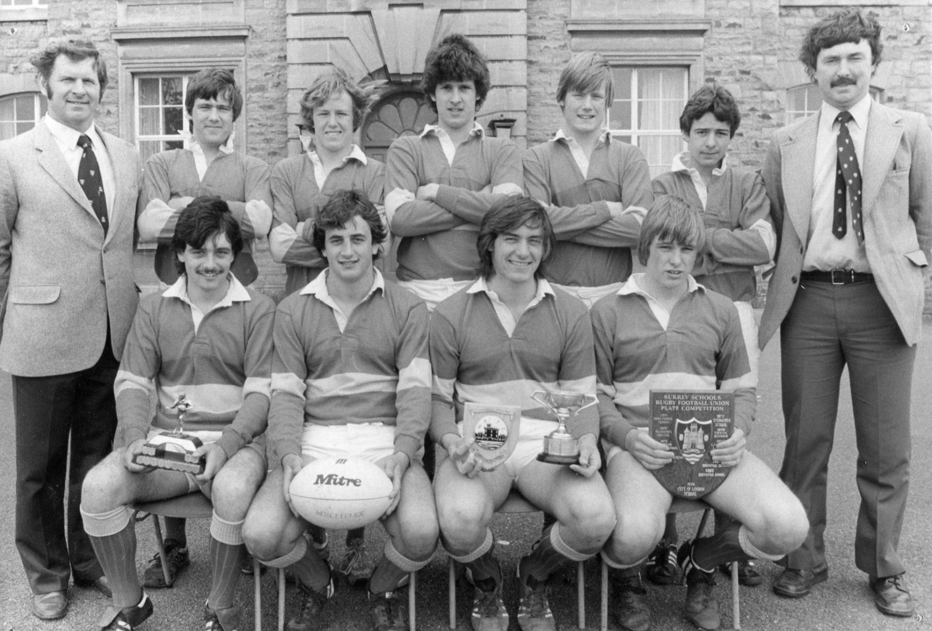 Brynteg School rugby squad with Keith Crockett and the Surrey Schools RFU Plate Competition shield and trophies