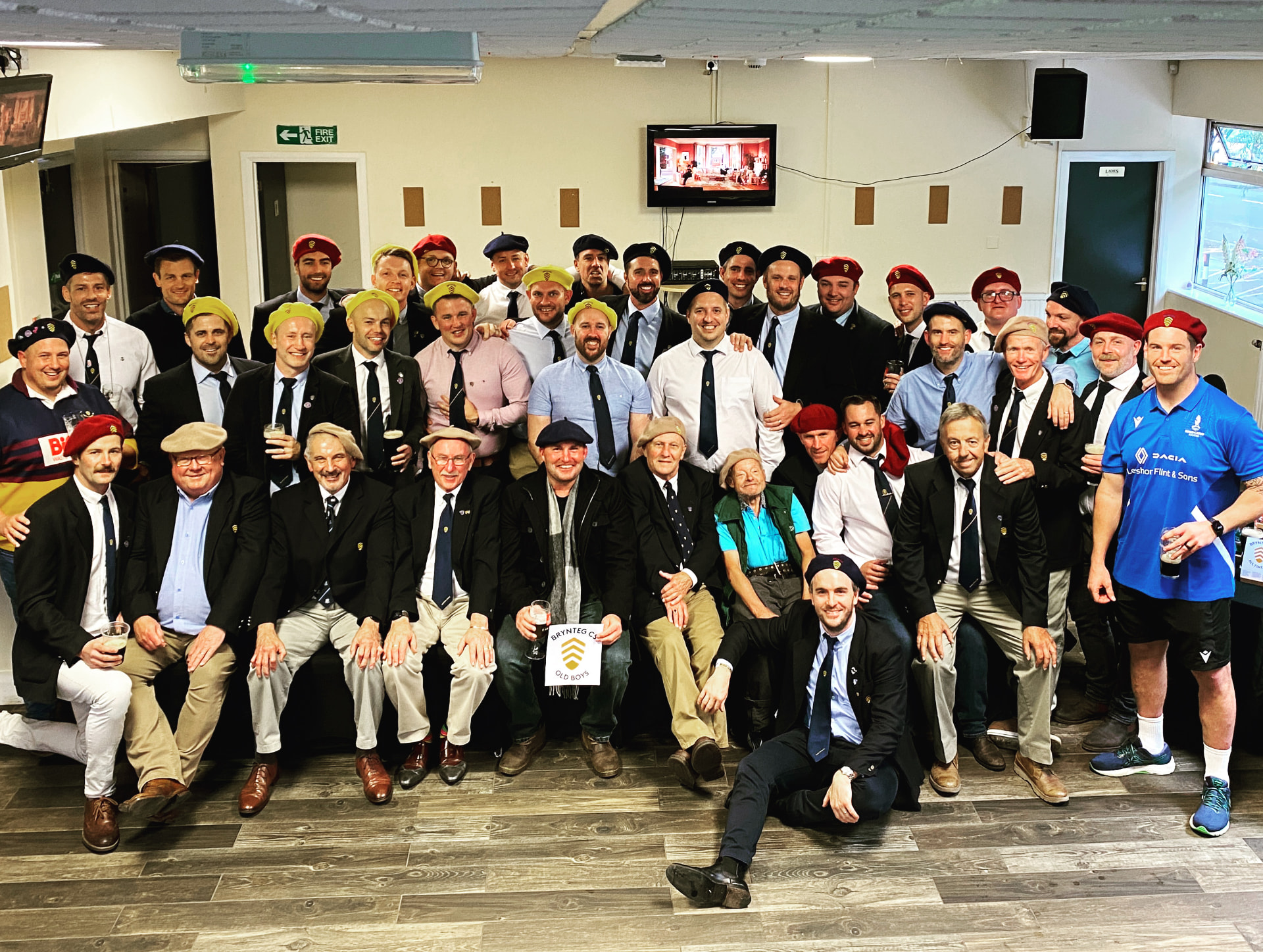 Brynteg Boys old boys gathered together at the 2023 reunion, many wearing club berets